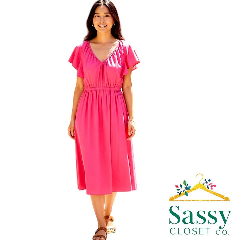 ANN TAYLOR Vibrant Pink Flutter Sleeve Maxi Dress 12 V Neck Pockets Lined EUC